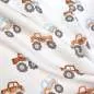 Preview: Rippenjersey mit Monstertruck Motiv auf hellblauem Hintergrund – weicher Ribjersey Kinderstoff mit Polizeiautos als Detailaufnahme