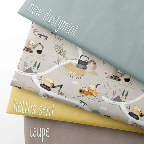 Jersey Stoff Baustelle für Kinder – verspieltes Design mit Baumaschinen und Schildern