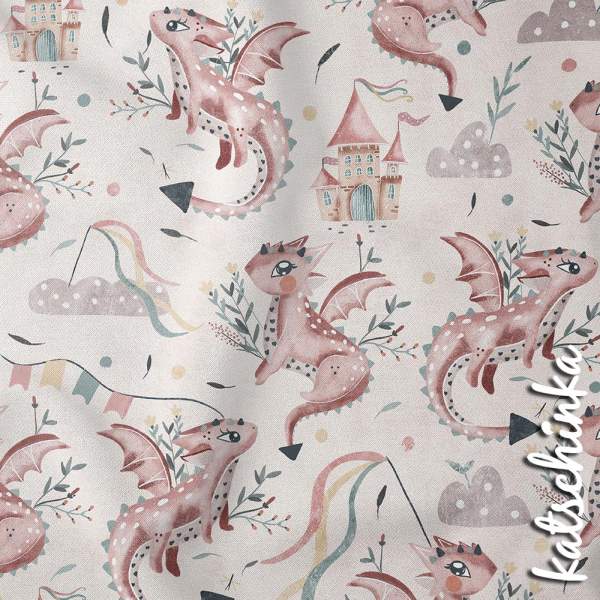 Bio Baumwolljersey Stoff mit Drachen und Schloss Motiv auf hellem Hintergrund – Kinderstoff als Meterware für Nähprojekte