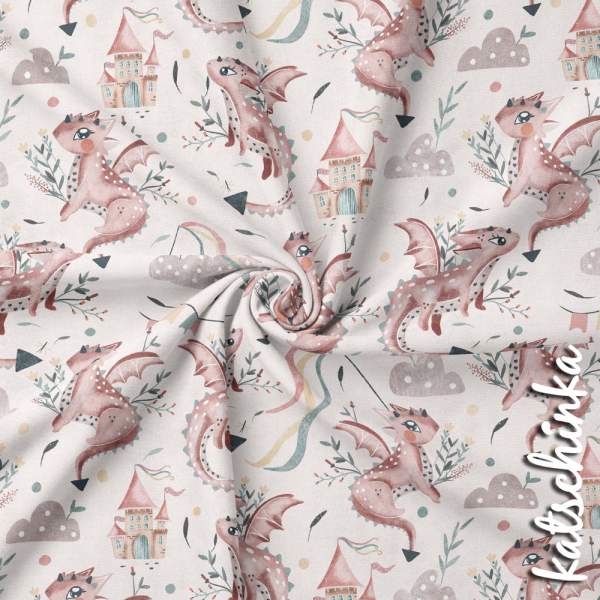 Kinder Jersey Stoff mit Drachen, Wolken und Schloss – weicher Bio Baumwolljersey Meterware für Kleider und Pumphosen