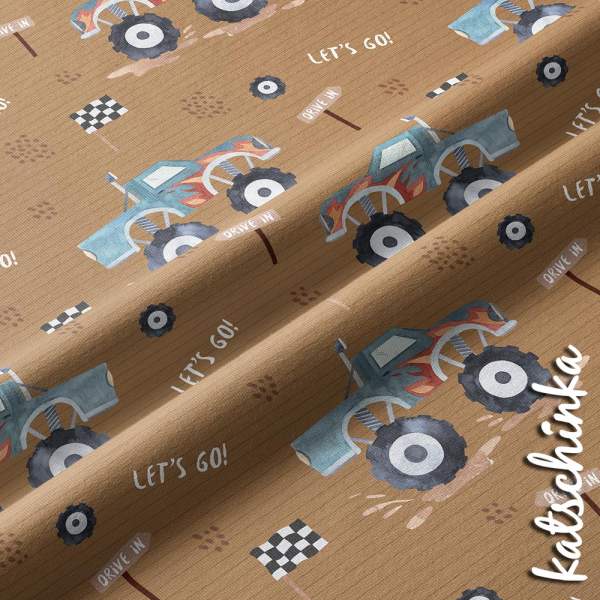 Monstertruck Jersey Stoff mit Autos, Reifen und Rennflaggen – elastischer Baumwollstoff für Kinderkleidung und DIY Projekte