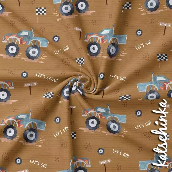 Kinder Jersey Stoff mit Monstertrucks und Flammen auf braunem – weicher Baumwolljersey Meterware für Shirts und Pumphosen
