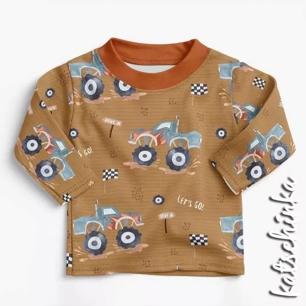 Bio Baumwolljersey Kinderstoff Monstertruck - Let´s go Mustard – Jersey Meterware
