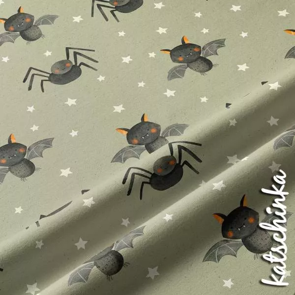 Kinder Jersey Stoff Halloween mit Spinnen, Fledermäusen und Sternen – weicher Baumwolljersey Meterware für Shirts und Pumphosen