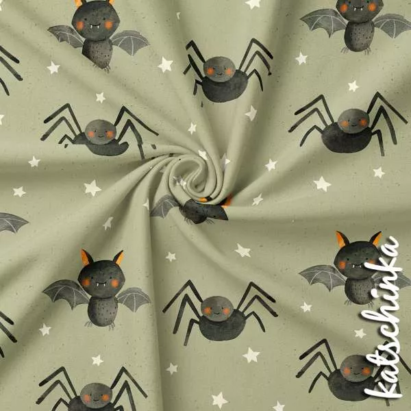 Jersey Stoff mit Spinne und Fledermaus in Aquarelloptik – elastischer Baumwollstoff für Kinderkleidung und DIY Projekte