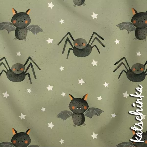 Baumwolljersey Stoff mit Spinnen und Fledermäusen auf grünem Hintergrund – Halloween Kinderstoff als Meterware
