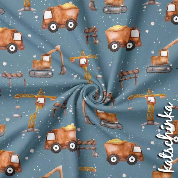 Jersey Stoff Baustelle für Kinder – verspieltes Design mit Baumaschinen und Schildern