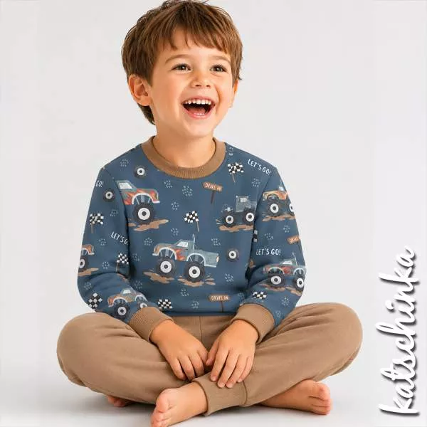 Kinder Jersey Stoff mit Monstertrucks und Flammen auf Dunkelblau – weicher Baumwolljersey Meterware für Shirts und Pumphosen