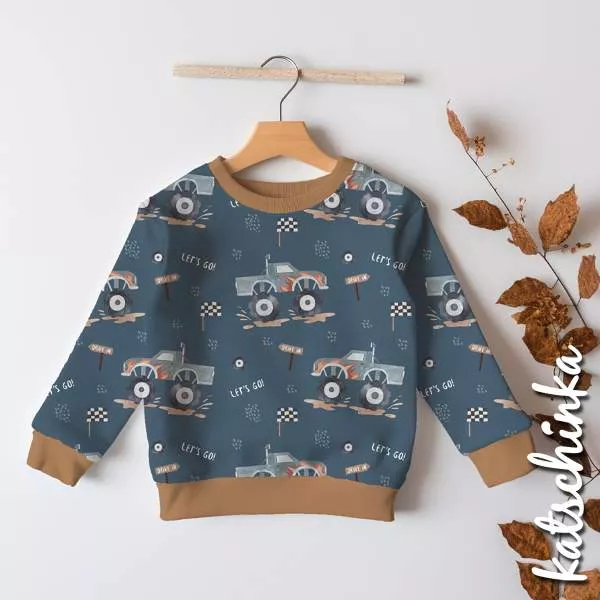 Bio Baumwolljersey Kinderstoff Monstertruck - Let´s go Blau – Jersey Meterware