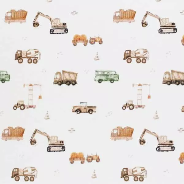 Baufahrzeuge Jersey Stoff in Aquarelloptik – weicher Baumwolljersey Meterware für DIY Nähprojekte