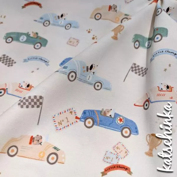 Baumwolljersey Hunderennen 2708 – Kinderstoff mit Bagger & Traktor | Meterware