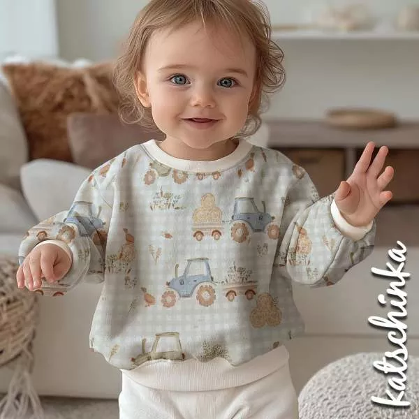 Baumwolljersey Trecker kariert 3021 – Kinderstoff mit Bagger & Traktor | Meterware - Kopie