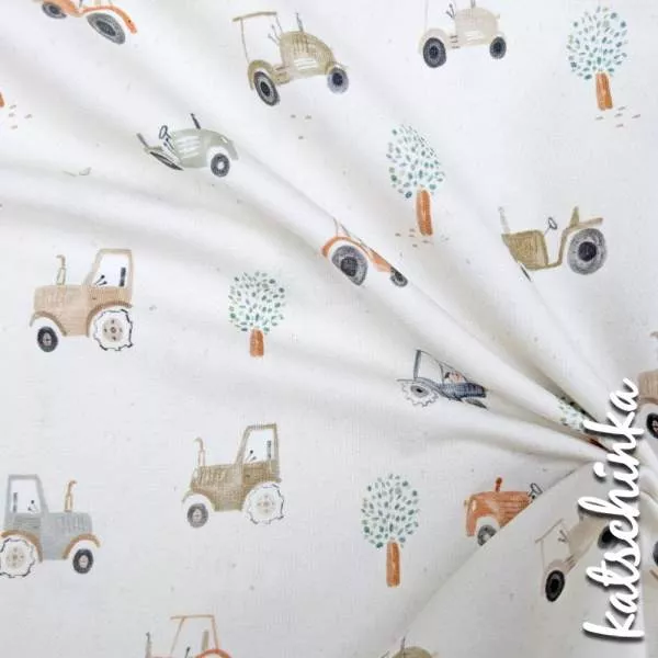 Kinder Jersey Stoff mit Treckermuster– elastischer Baumwollstoff für Baby- und Kinderbekleidung