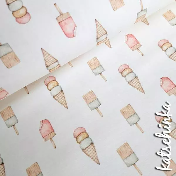 Sommereis Jersey Stoff mit Eiscreme in Aquarelloptik – elastischer Baumwollstoff für Kinderbekleidung und DIY Nähprojekte