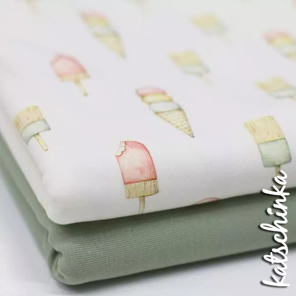 Baumwolljersey Stoff mit Eis Motiv in Naturtönen auf ecru Hintergrund – Kinderstoff als Meterware zum Nähen von Baby- und Kinderkleidung