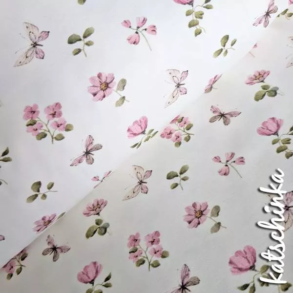 Jersey Baumwollstoff Schmetterlingsgarten altrosa 6465 – Blumenstoff als Meterware