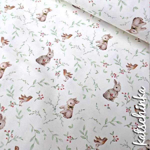 Jersey Stoff Rotkehlchen mit Kaninchen 6466 – Tierstoff als Meterware