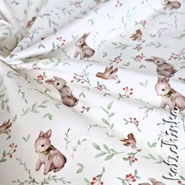 Jersey Stoff Rotkehlchen mit Kaninchen 6466 – Tierstoff als Meterware
