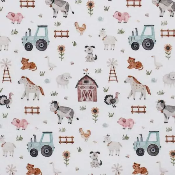 Bauernhof Jersey Stoff in Aquarelloptik mit Tieren und Traktor – weicher Baumwolljersey Meterware für DIY Nähprojekte