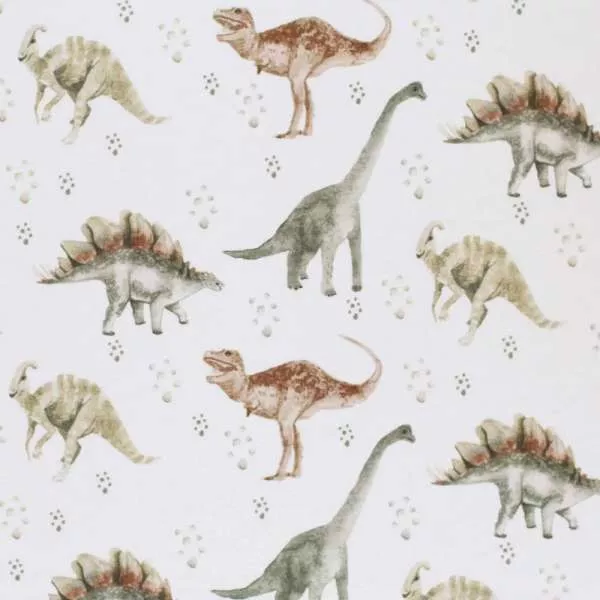 Dino Jersey Stoff mit T-Rex, Stegosaurus und Langhals in Aquarelloptik – elastischer Baumwollstoff für Kinderbekleidung und DIY Nähprojekte
