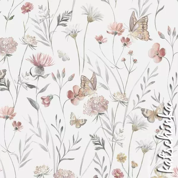 Baumwolljersey Stoff mit Flowers and Butterflies und Mohnblüten in zarten Farben auf weißem Hintergrund
