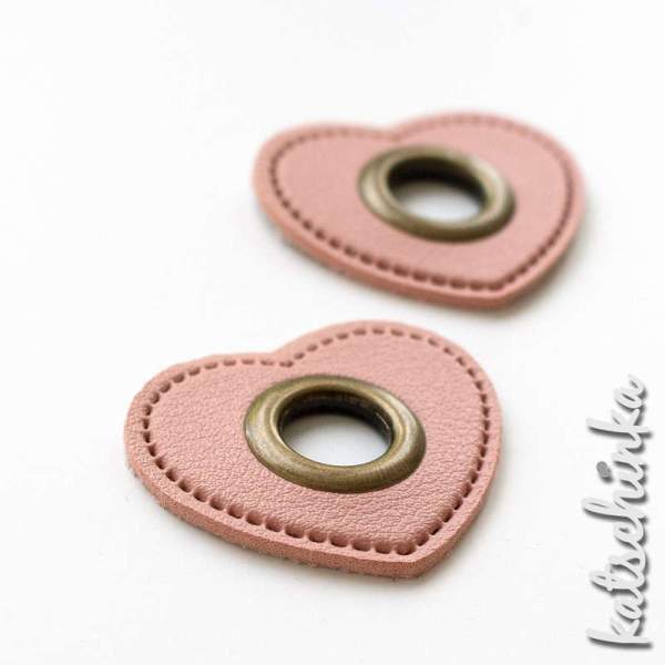 #Ösenpatches, Ösen auf rosa Kunstleder | Herz bronze 11 mm | 2er