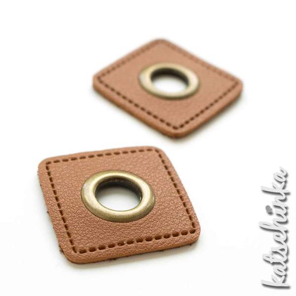 #Ösenpatches, Ösen auf braunem Kunstleder | Quadrat bronze 11 mm | 2er