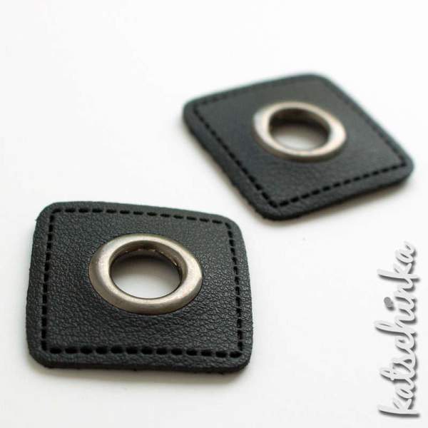 #Ösenpatches, Ösen auf schwarzem Kunstleder | Quadrat altsiber 11 mm | 2er