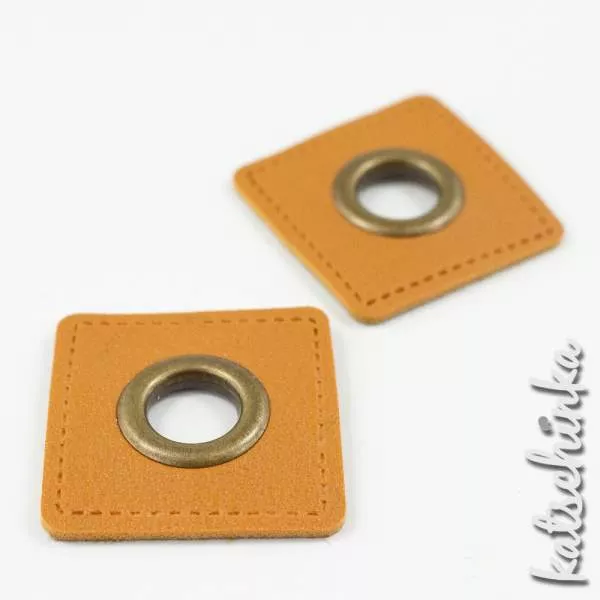 #Ösenpatches, Ösen auf senf/ocker Kunstleder | Quadrat bronze 11 mm | 2er