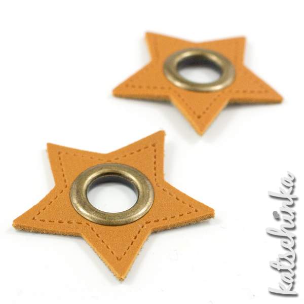 #Ösenpatches, Ösen auf senf/ocker Kunstleder | Stern bronze 11 mm | 2er