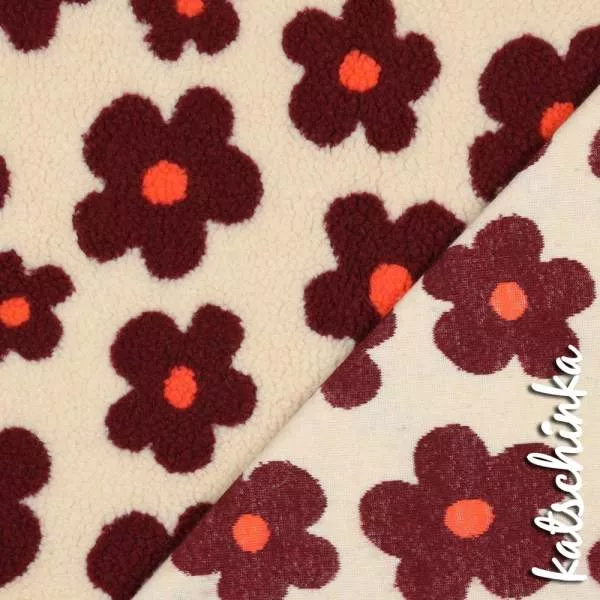 Teddyplüsch Blumen wollweiß-bordeaux 01 03716.001 | Teddystoff | Teddy Plüschstoff