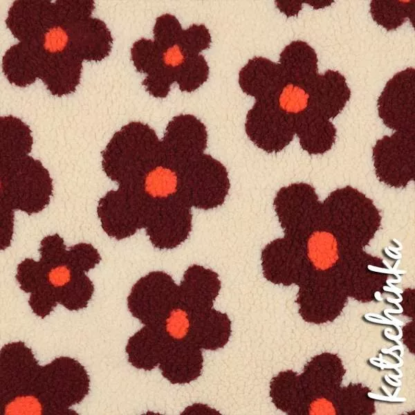 Teddyplüsch Blumen wollweiß-bordeaux 01 03716.001 | Teddystoff | Teddy Plüschstoff
