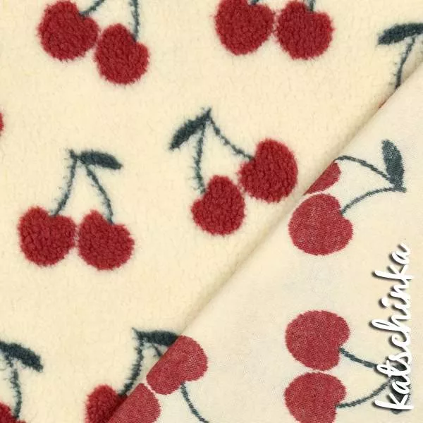 Teddyplüsch Kirschen ecru 01953.001 | Teddystoff | Teddy Plüschstoff