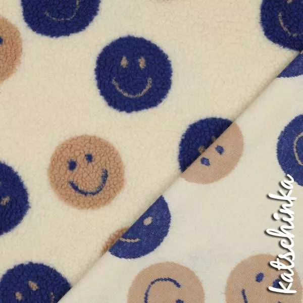 Teddyplüsch Smileys ecru-blau 05674.003 | Teddystoff | Teddy Plüschstoff