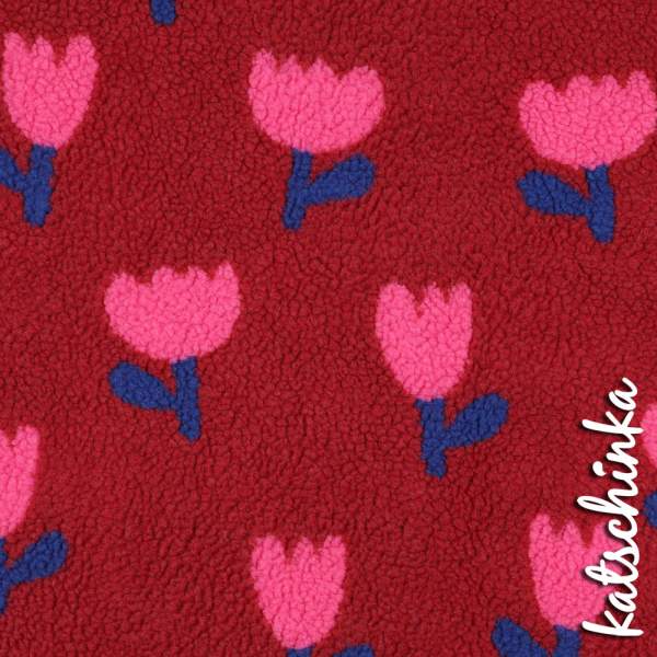 Teddyplüsch Tulpen dunkelrot 5639.002 | Teddystoff | Teddy Plüschstoff