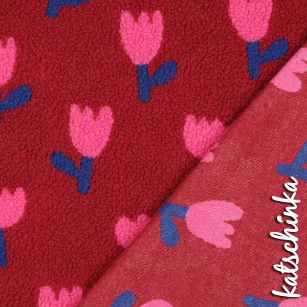 Teddyplüsch Tulpen dunkelrot 5639.002 | Teddystoff | Teddy Plüschstoff