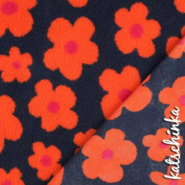 Teddyplüsch Blumen navy-orange 03716.002 | Teddystoff | Teddy Plüschstoff