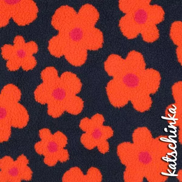 Teddyplüsch Blumen navy-orange 03716.002 | Teddystoff | Teddy Plüschstoff