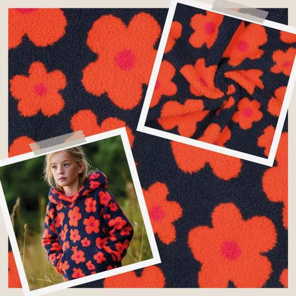 Teddyplüsch Blumen navy-orange 03716.002 | Teddystoff | Teddy Plüschstoff