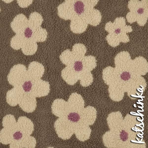 Teddyplüsch Blumen taupe 03716.004 | Teddystoff | Teddy Plüschstoff