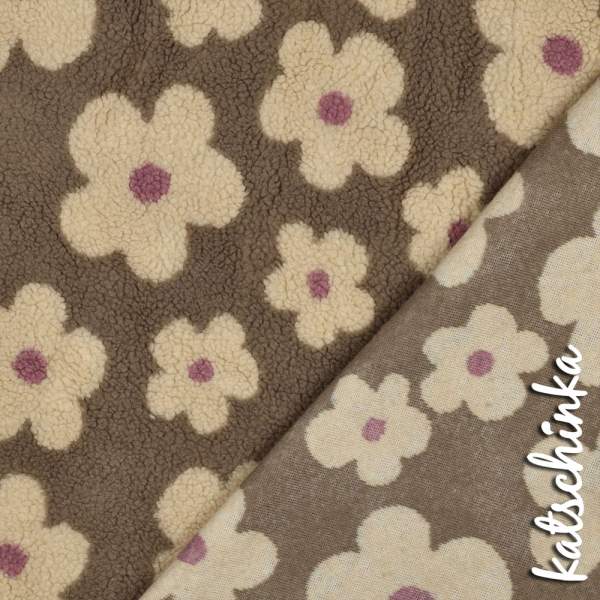 Teddyplüsch Blumen taupe 03716.004 | Teddystoff | Teddy Plüschstoff