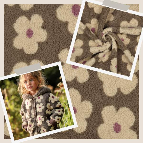 Teddyplüsch Blumen taupe 03716.004 | Teddystoff | Teddy Plüschstoff