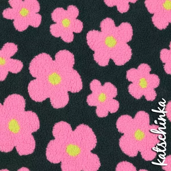 Teddyplüsch Blumen schwarzgrün-pink 03716.003 | Teddystoff | Teddy Plüschstoff