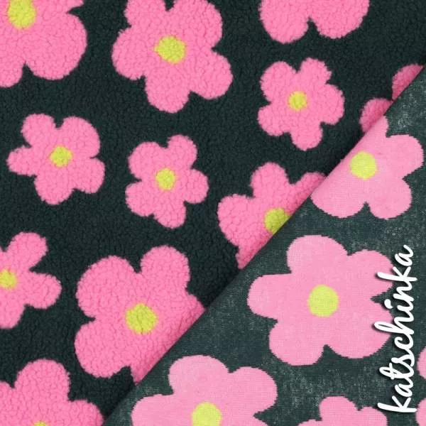 Teddyplüsch Blumen schwarzgrün-pink 03716.003 | Teddystoff | Teddy Plüschstoff