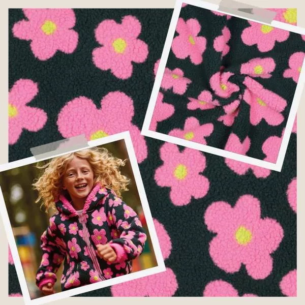 Teddyplüsch Blumen schwarzgrün-pink 03716.003 | Teddystoff | Teddy Plüschstoff