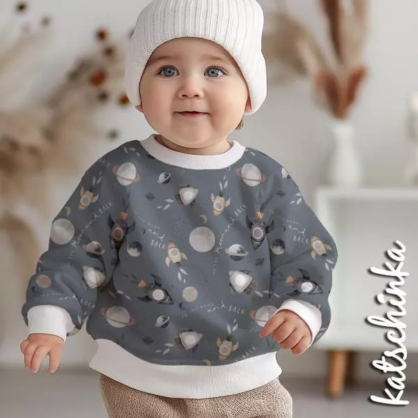 Bio Jersey Stoff To the Moon an Back - dustyblue – Weltraumstoff als Meterware