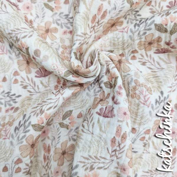 Musselin Waldpflanzen beige 4671 | 100% Baumwolle | Musselinstoff | Double Gauze | Musselintuch