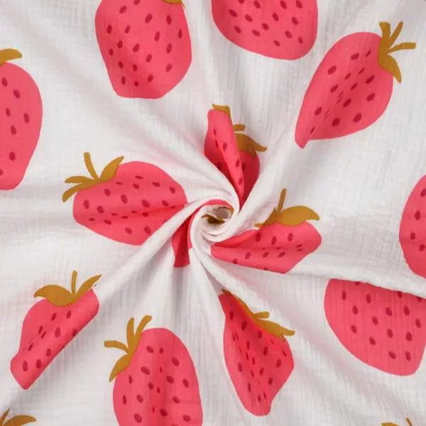 Musselin Stoff Erdbeeren Big 010 | 100% Baumwolle | Musselinstoff | Double Gauze | Musselintuch