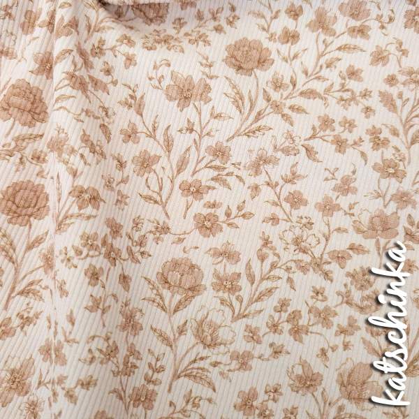 Ribjersey Blumen beige 7159 schmale Rippen