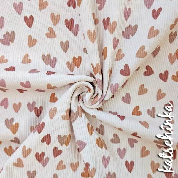 Ribjersey Mehrfarbige Herzen Beige 7172 schmale Rippen